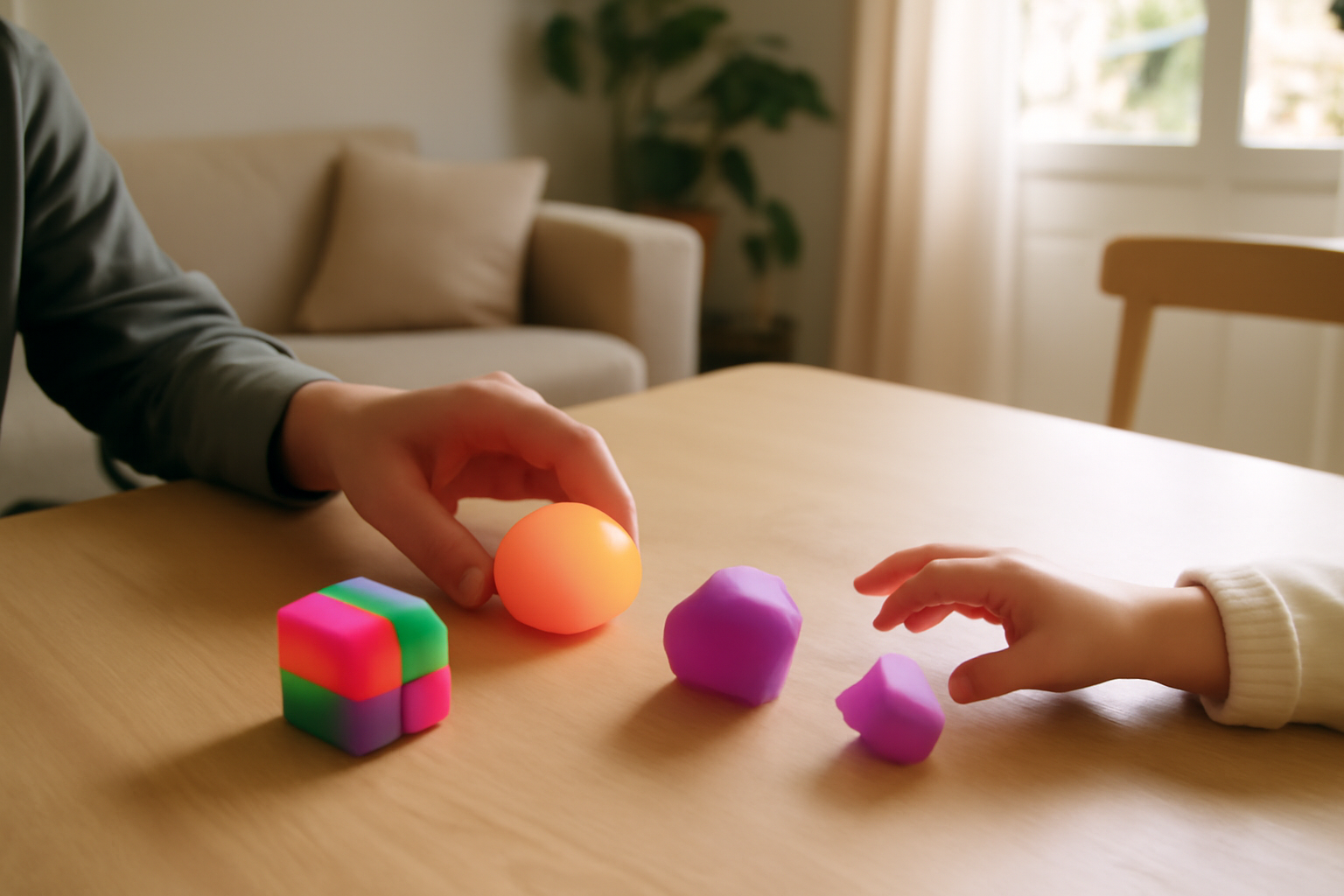 Jouets NeeDoh colorés : fidget et squishies anti-stress sur une table en bois