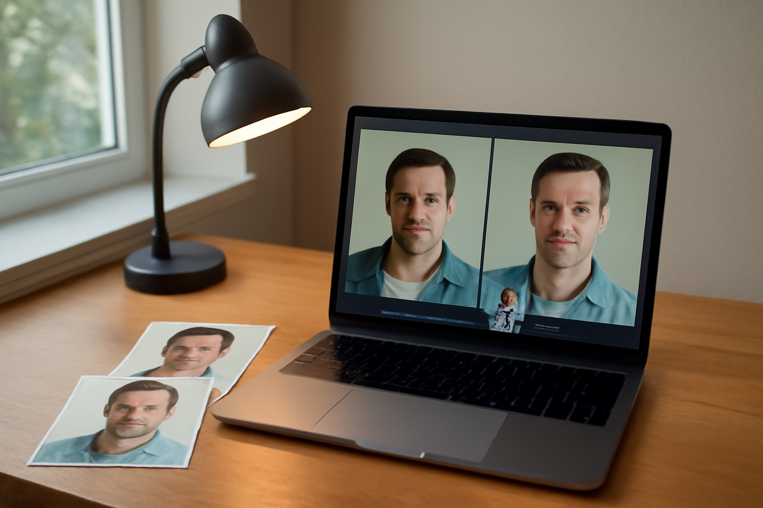 face swapper IA : échange de visages en ligne sur écran avec deux portraits bien éclairés