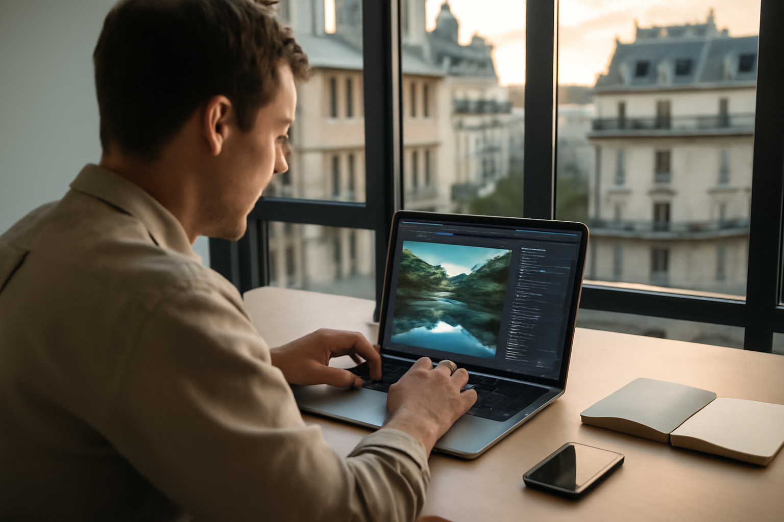 ia banana : photo réaliste d’un poste de travail marketing avec écran montrant un éditeur d’images IA
