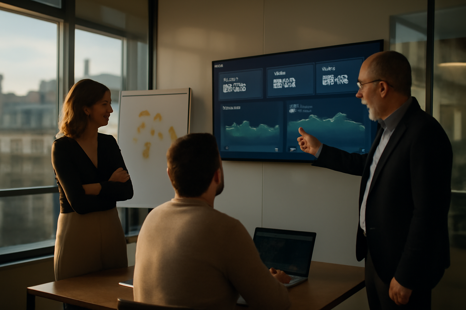 Comparatif apis tech : équipe IT et tableau de bord API dans une salle de réunion