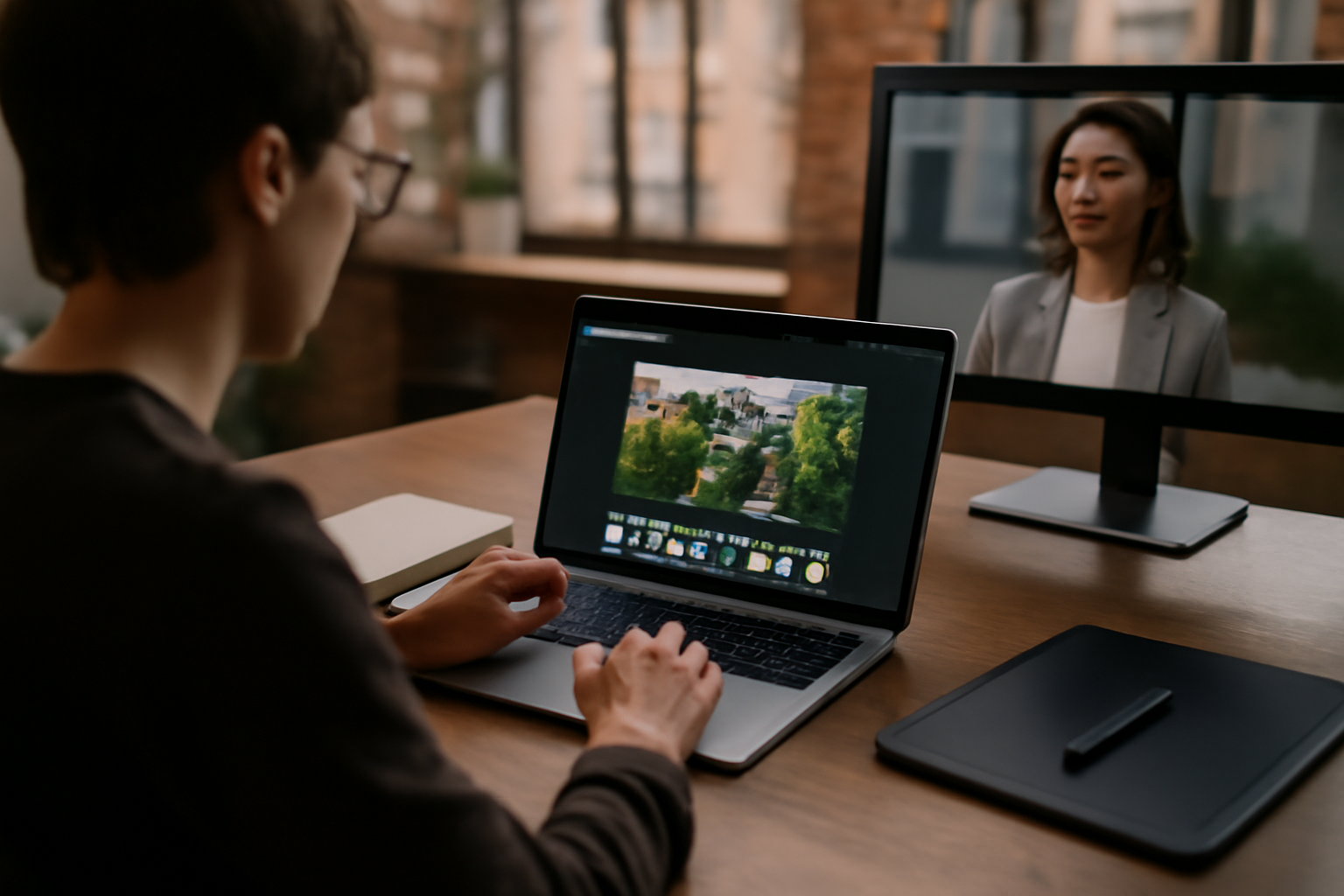 grok imagine : scène photo réaliste d’un créateur montrant un écran avec des images et une mini-vidéo