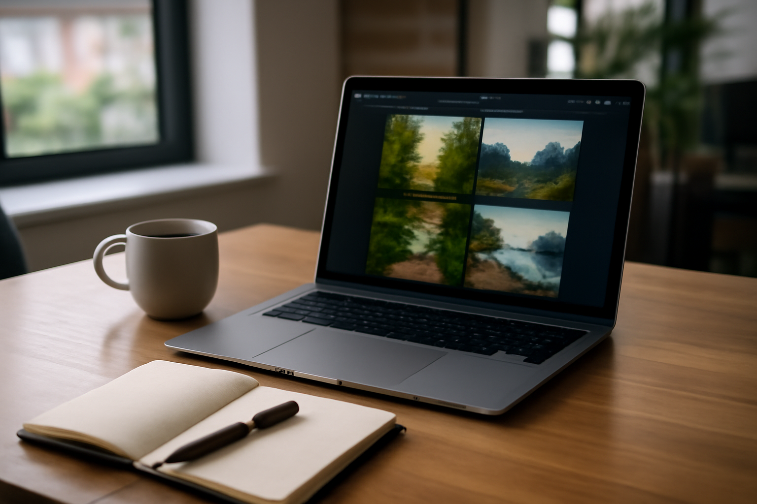 midjourney gratuit : scène photo réaliste d’un poste de travail avec écran affichant une génération d’images IA