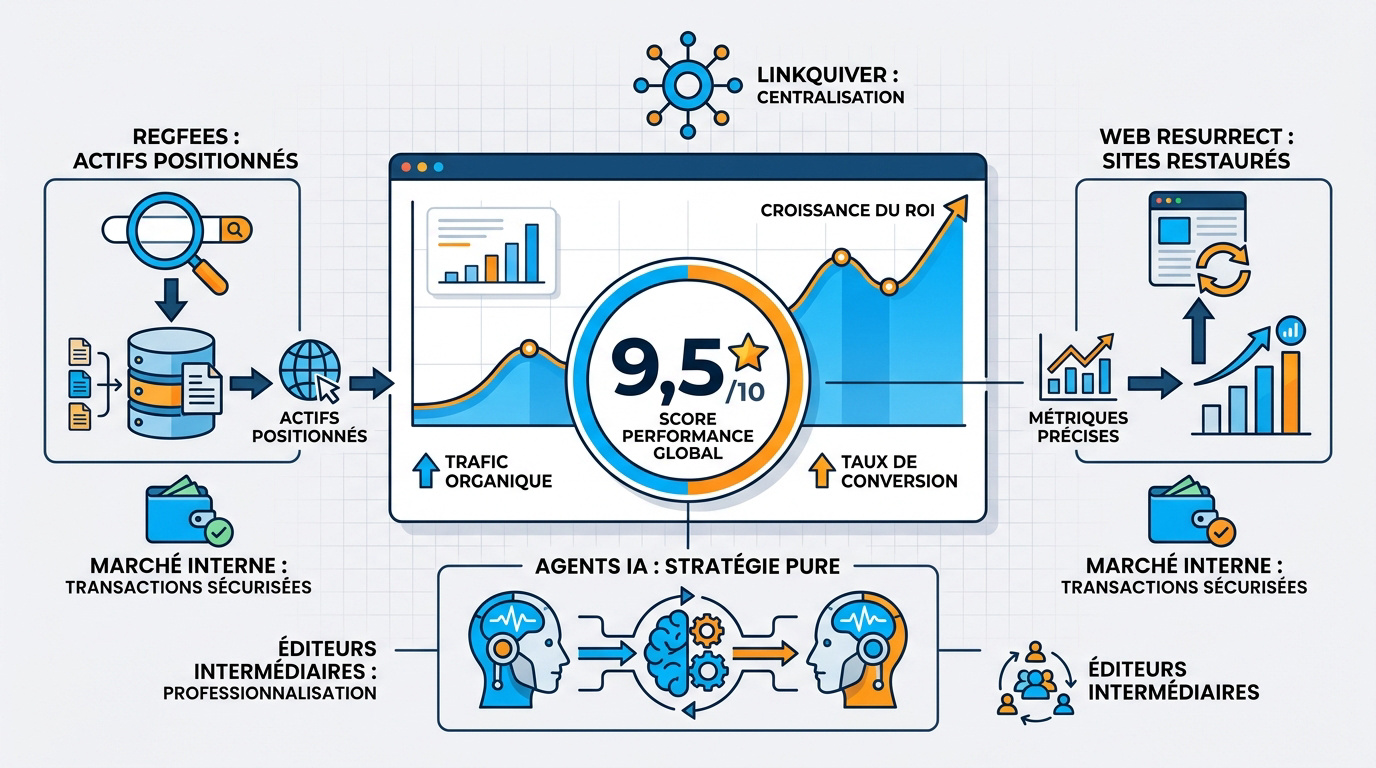 Tableau de bord LinkQuiver affichant les performances SEO et les options d'automatisation