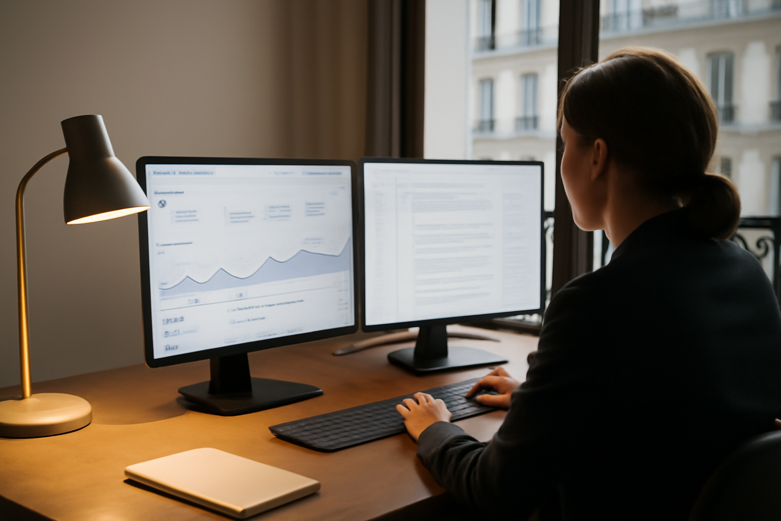 photo réaliste d’un analyste SEO analysant un tableau de bord geo ia sur écran