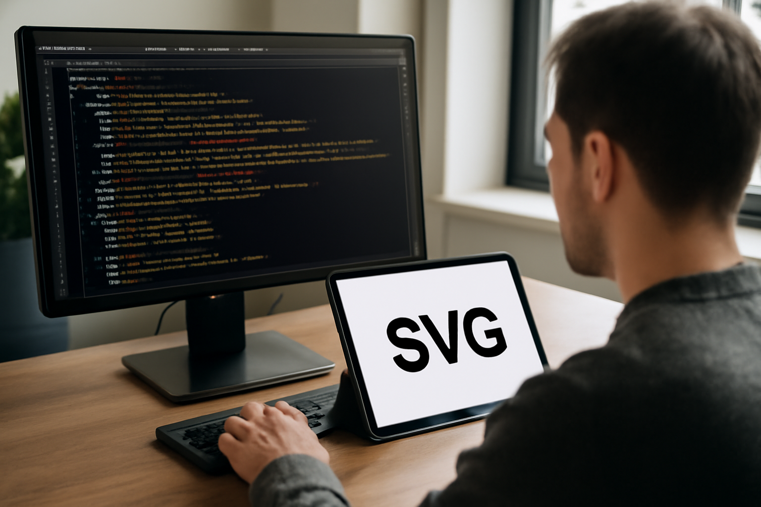 svg definition : aperçu d’un fichier SVG ouvert dans un éditeur, avec un rendu vectoriel net sur un écran d’ordinateur