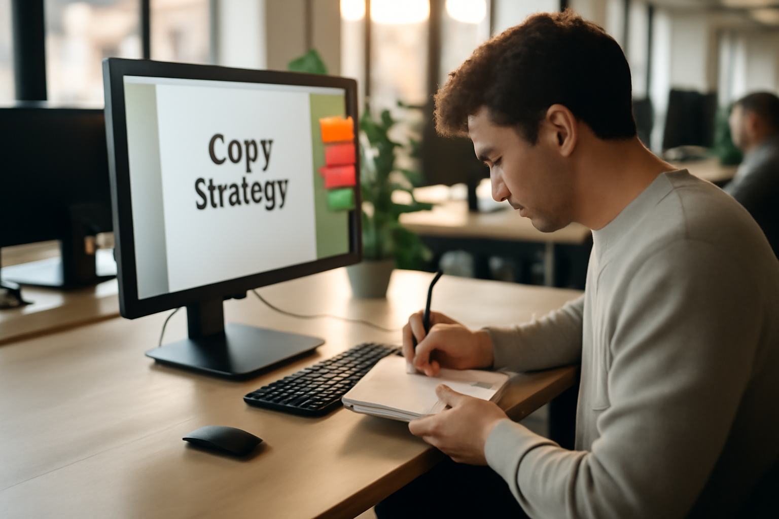 copie stratégie définition : document de cadrage marketing sur un bureau avec ordinateur et post-it