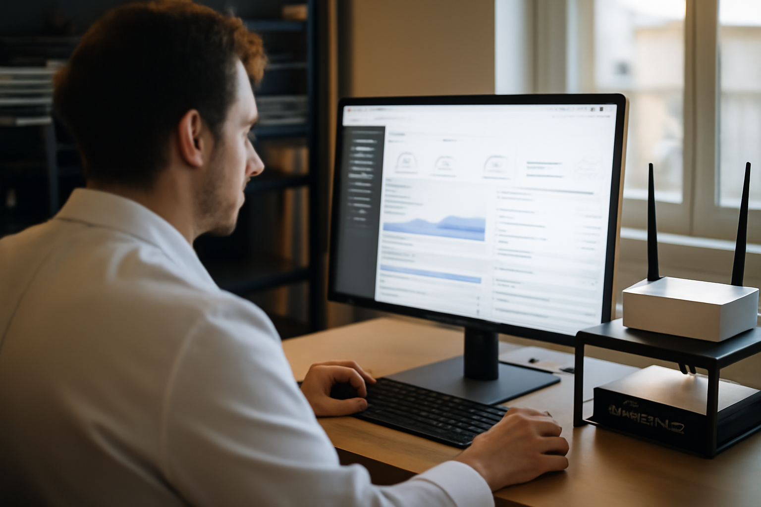 définition cloud computing : vue réaliste d’un écran montrant une console cloud dans un bureau moderne, avec un administrateur et des serveurs en arrière-plan, lumière naturelle