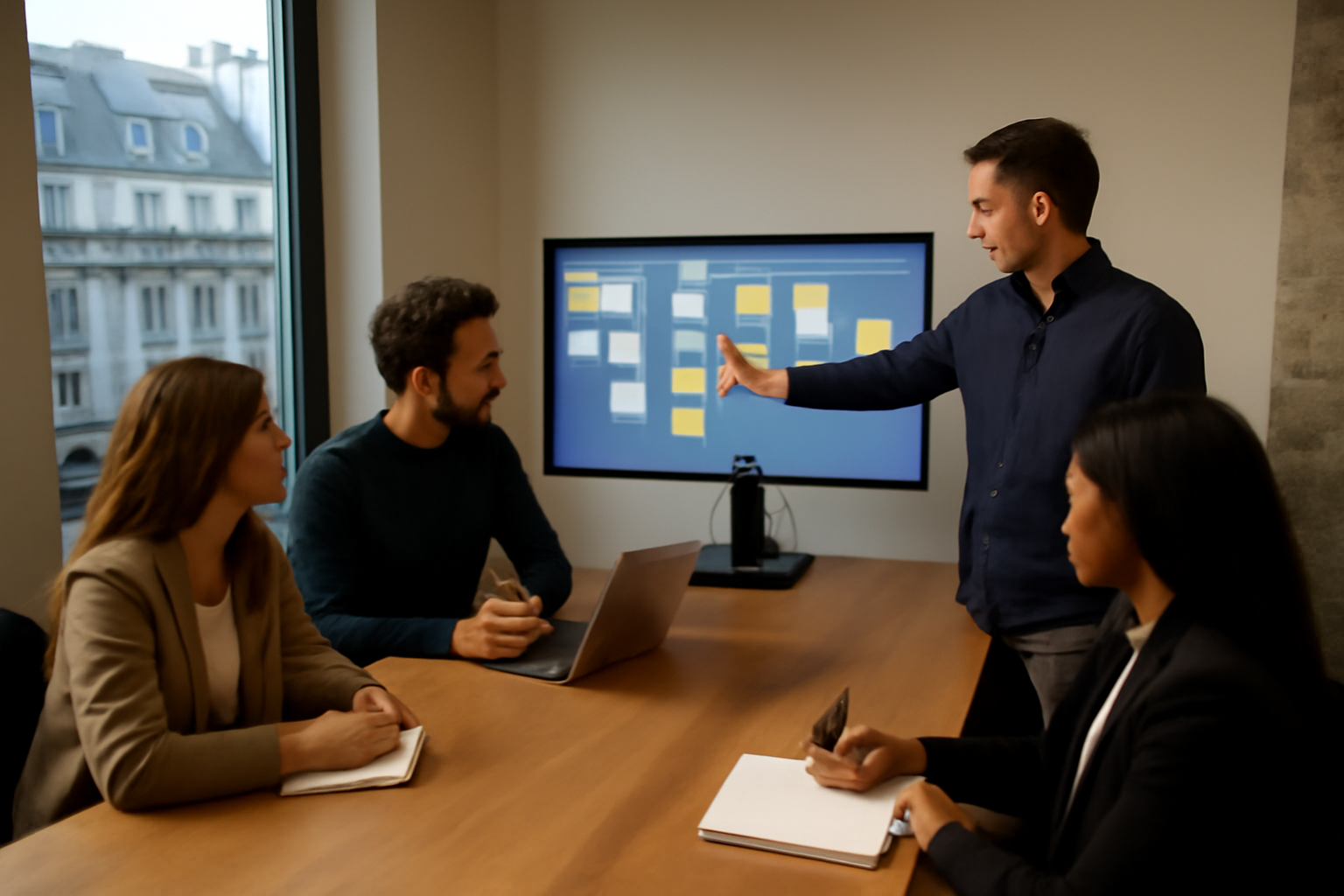 intrapreneur définition en entreprise, réunion produit avec tableau Kanban