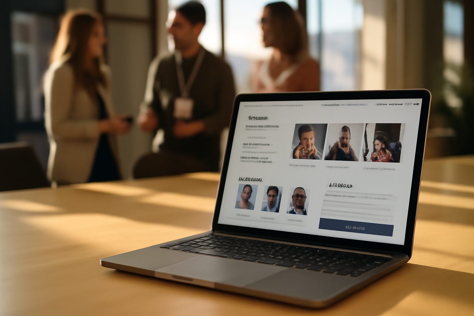 site internet événementiel sur écran avec programme, intervenants et formulaire d’inscription dans un espace de conférence
