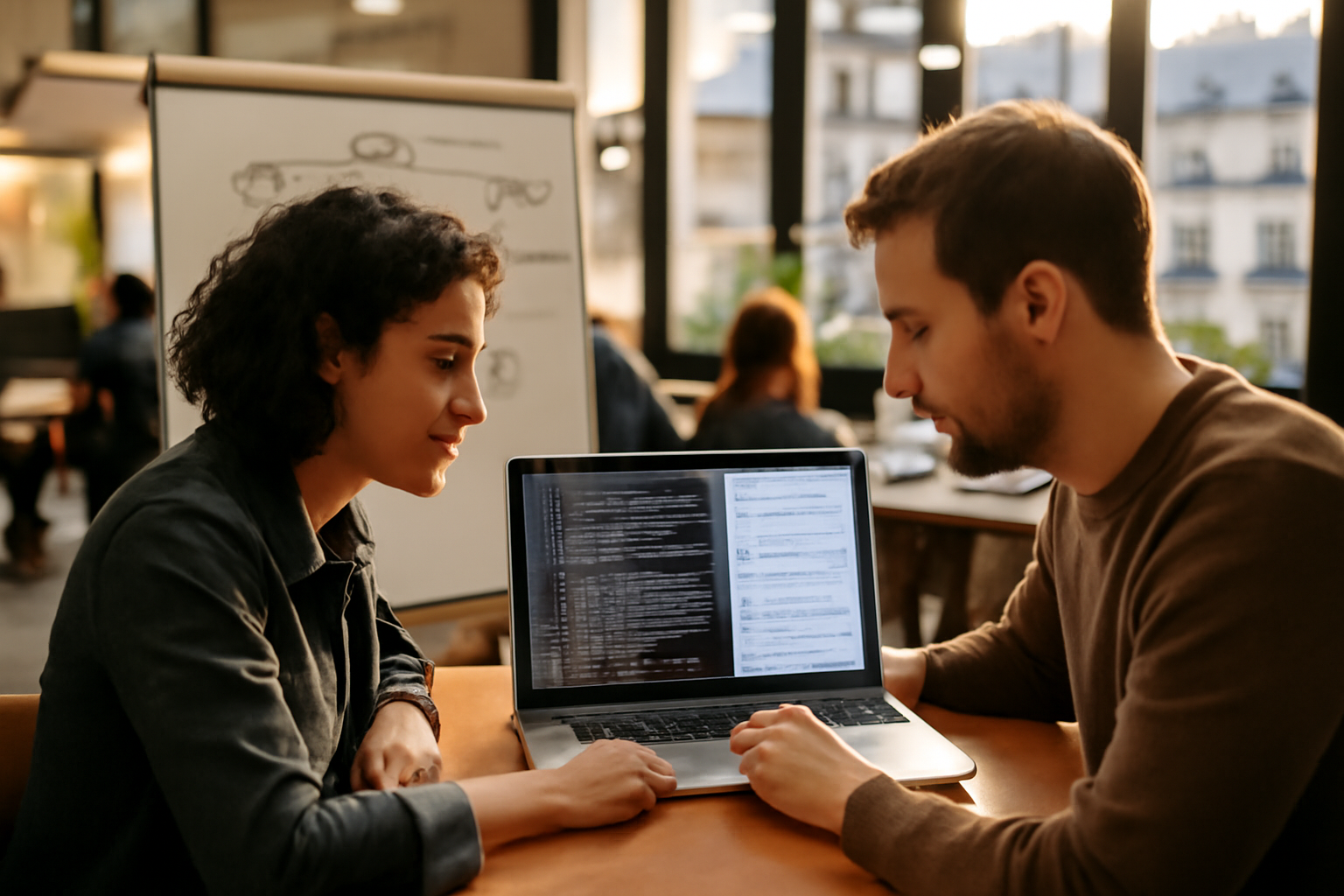 Schéma réaliste d’une application client container Java dans un environnement de travail, écran avec logs et configuration