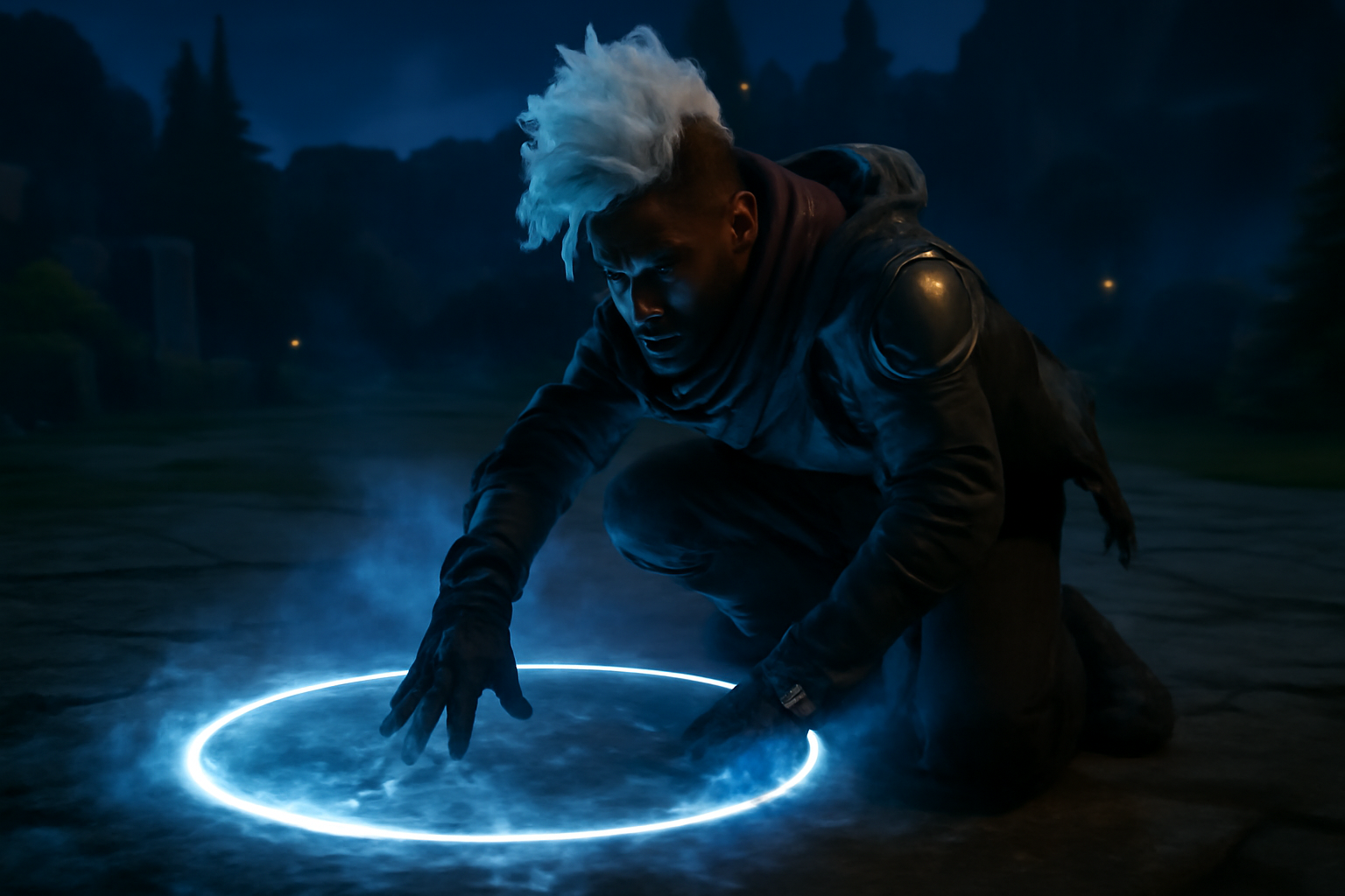 Ekko manipule le temps près d’une zone sombre dans la Faille de l’invocateur, lumière dramatique