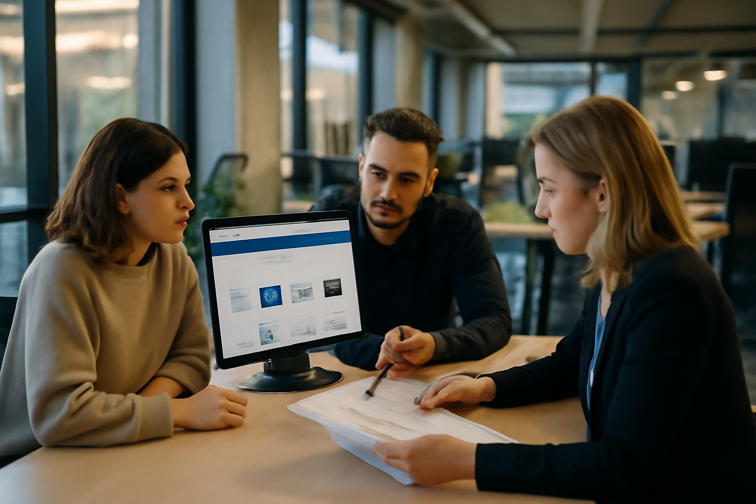 intranet definitie : équipe en entreprise utilisant un portail interne sur un écran