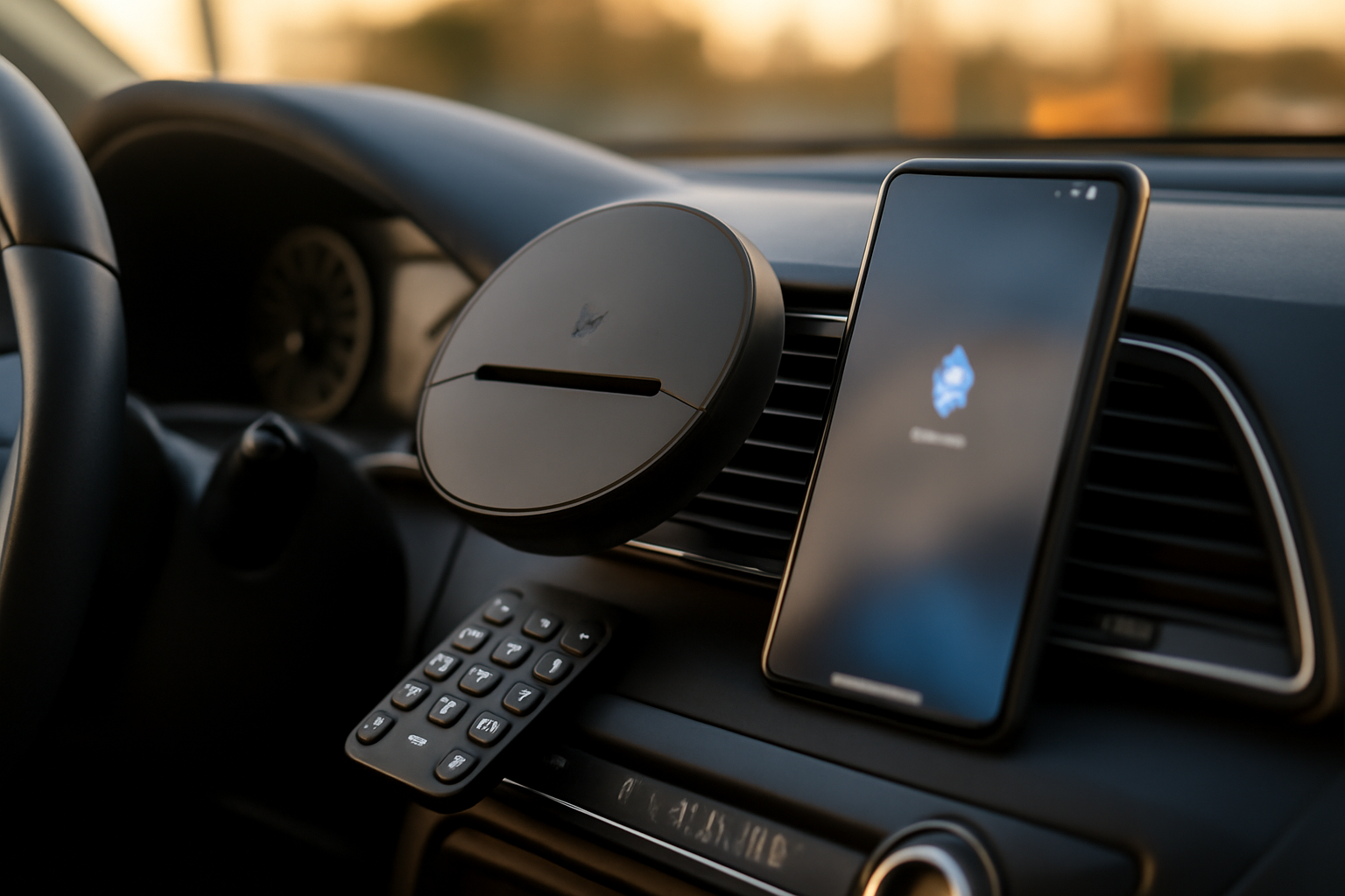 table de voiture avec lecteur cd bluetooth branché et télécommande visible