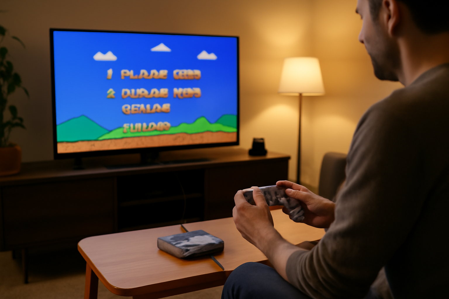 retro console branchée en HDMI sur une TV 4K, manette en main, ambiance salon
