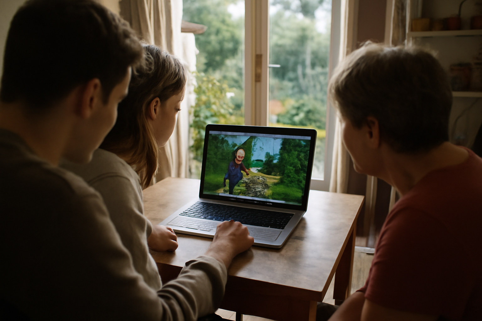 Une famille de Sims en mode survie avec un jardin et des objets artisanaux, lumière naturelle du matin, ambiance réaliste