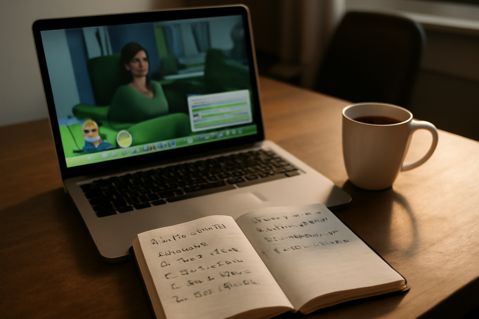 Écran d’ordinateur montrant une progression de carrière et un carnet de règles pour un challenge Sims 4, ambiance bureau moderne