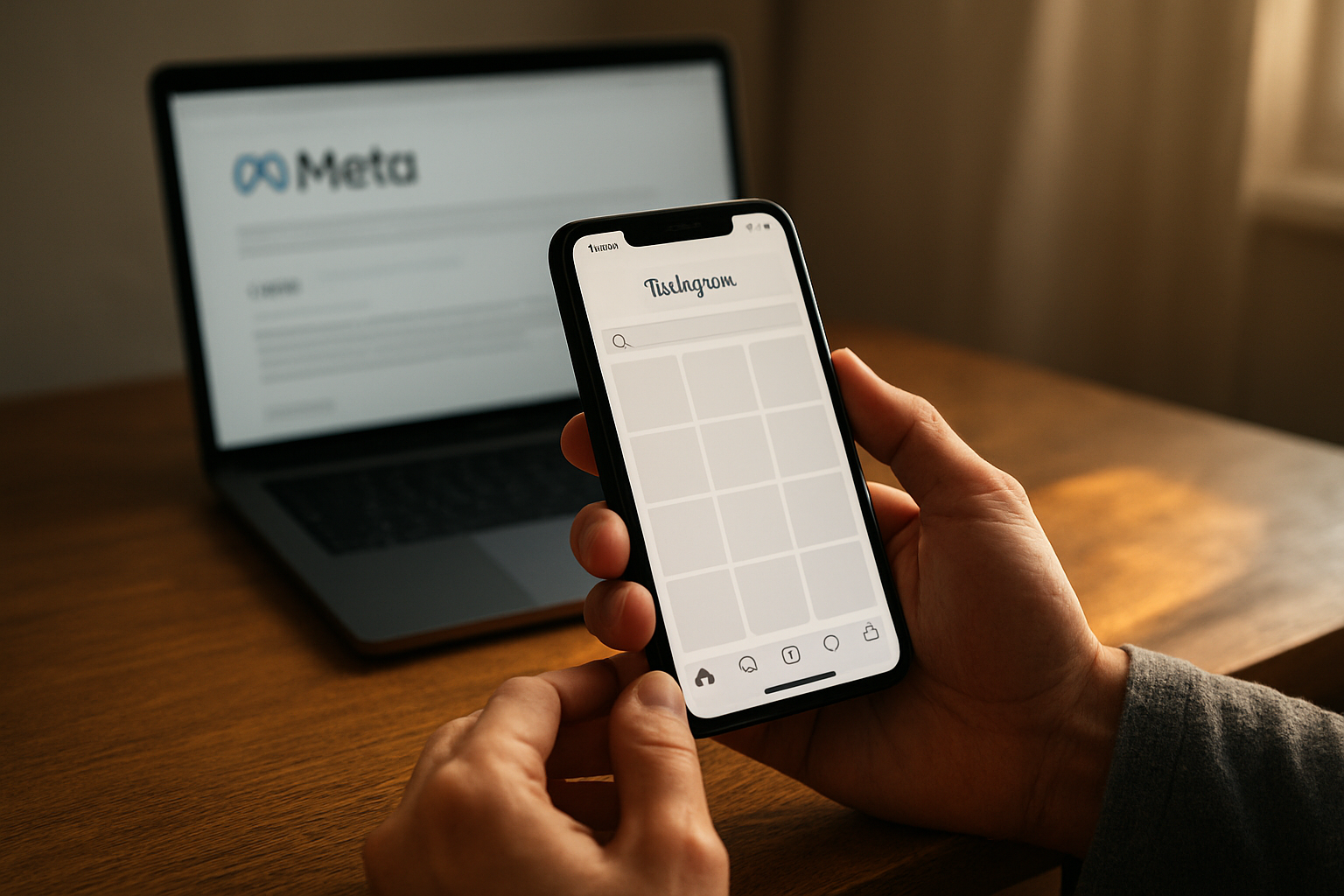 Smartphone affichant l’application Instagram avec un écran montrant les informations légales et la page Meta en arrière-plan, lumière naturelle, scène photo réaliste