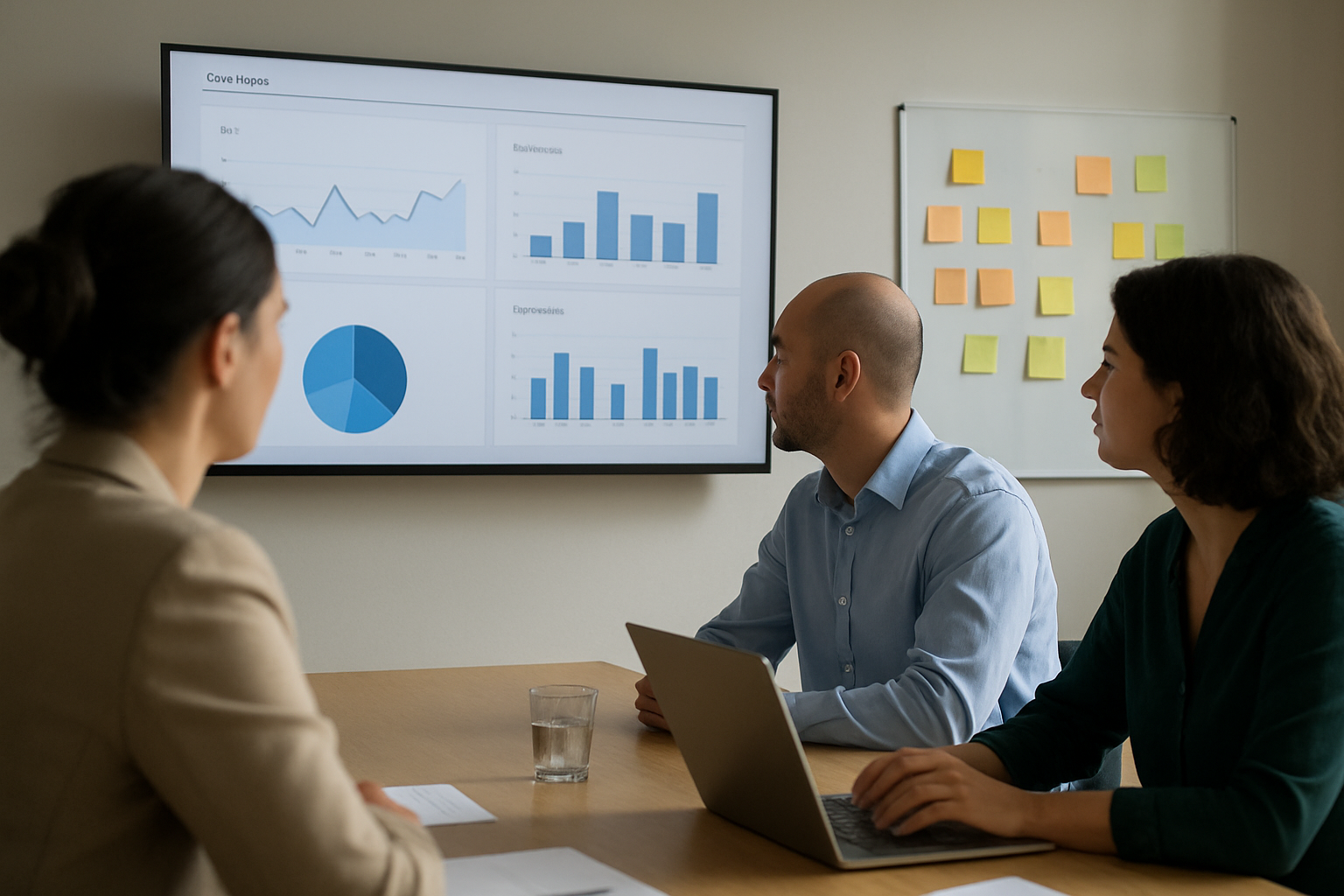 photo réaliste d’une équipe marketing consultant un tableau de KPI SEO sur écran avec courbes CTR et conversions