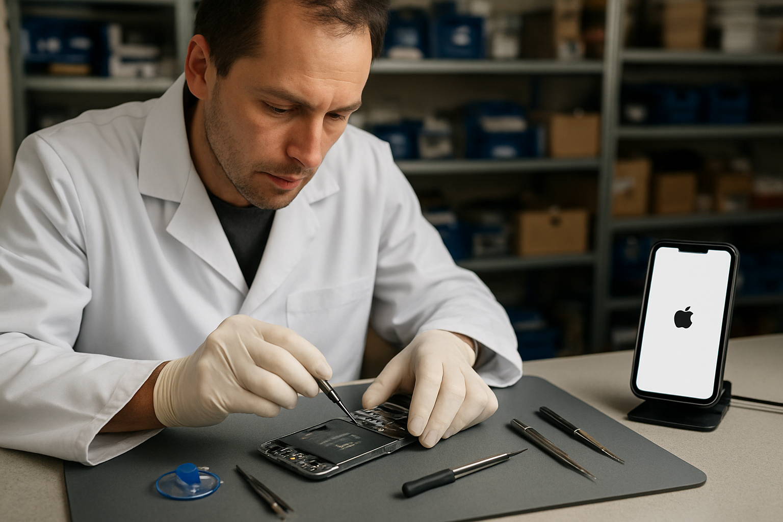 Technicien vérifiant un iPhone en atelier à L’Isle-Adam