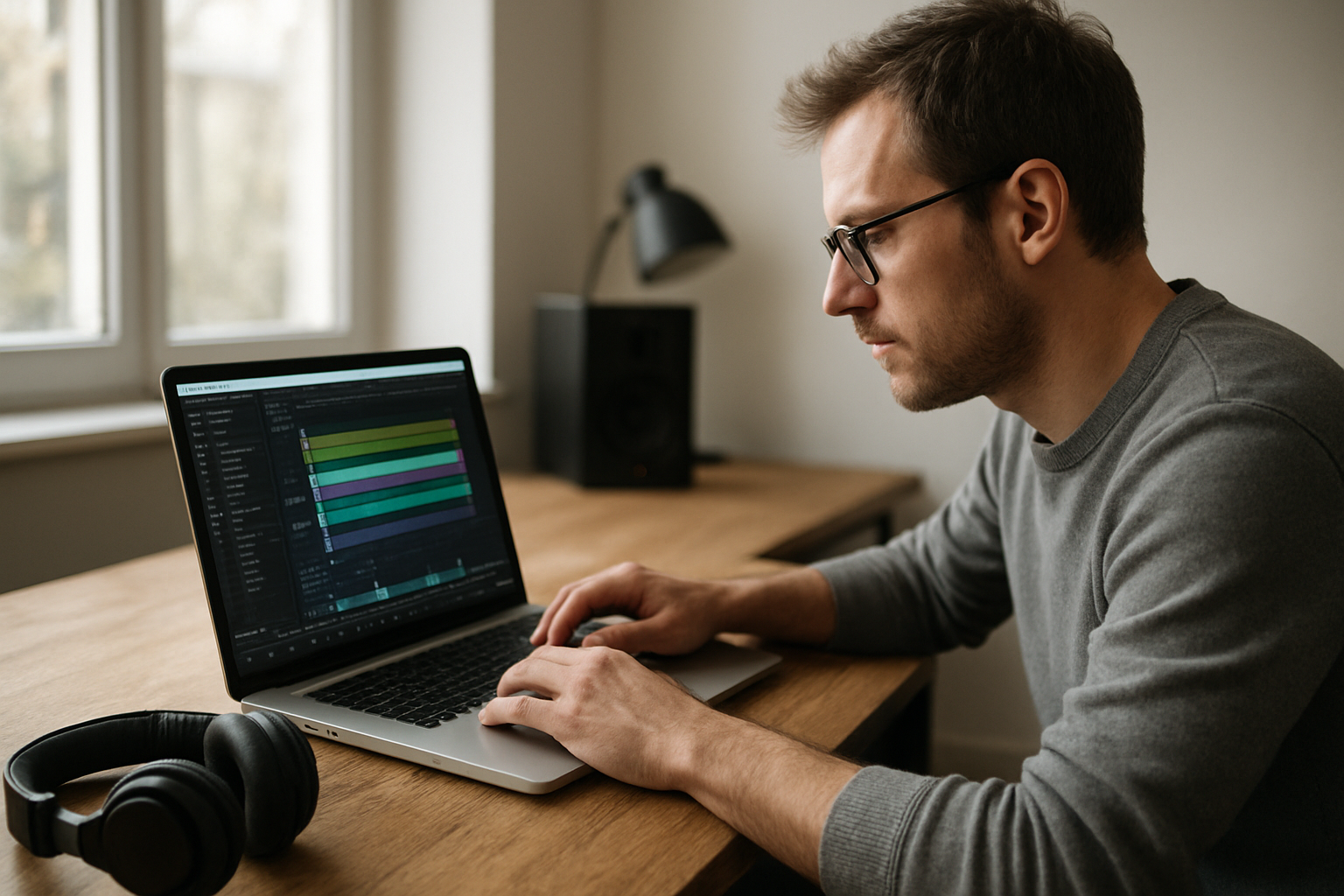 Poste de montage vidéo avec pistes audio et beats générés sur un écran, ambiance studio, lumière naturelle