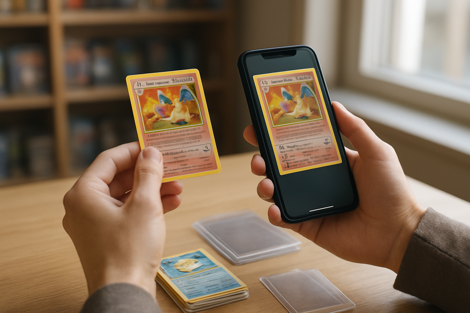 Cartes Pokémon Flammes Fantasmagoriques disposées sur une table avec scans et pochettes de protection