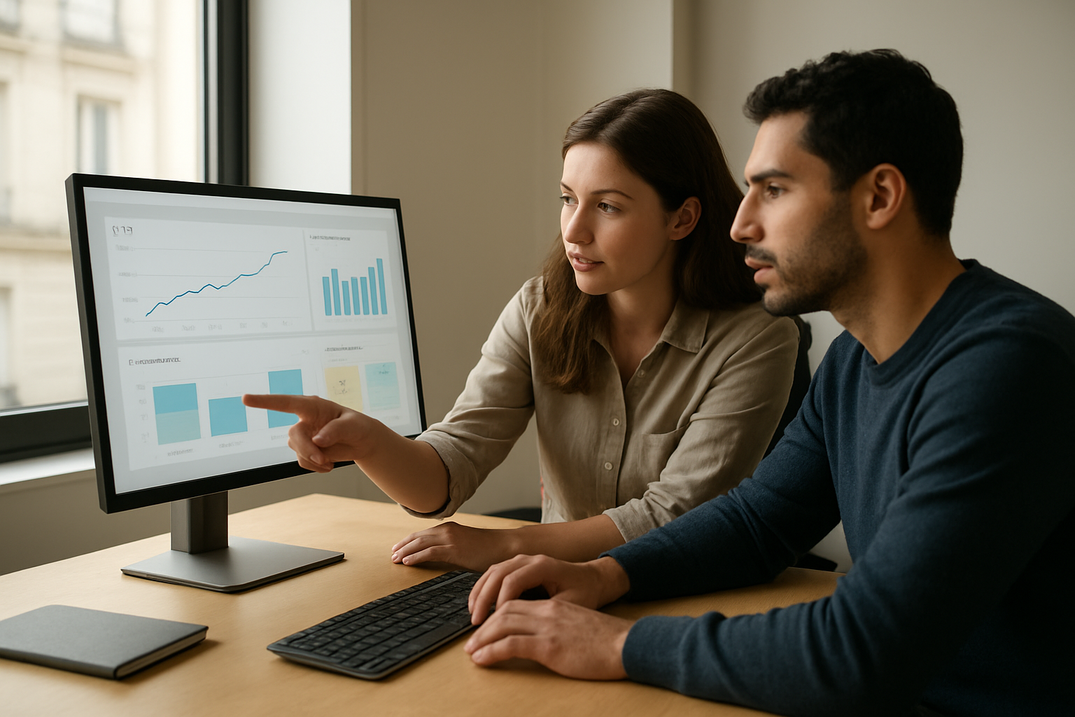 Équipe marketing consultant des performances de publicité display sur un écran avec graphiques et tableaux de bord