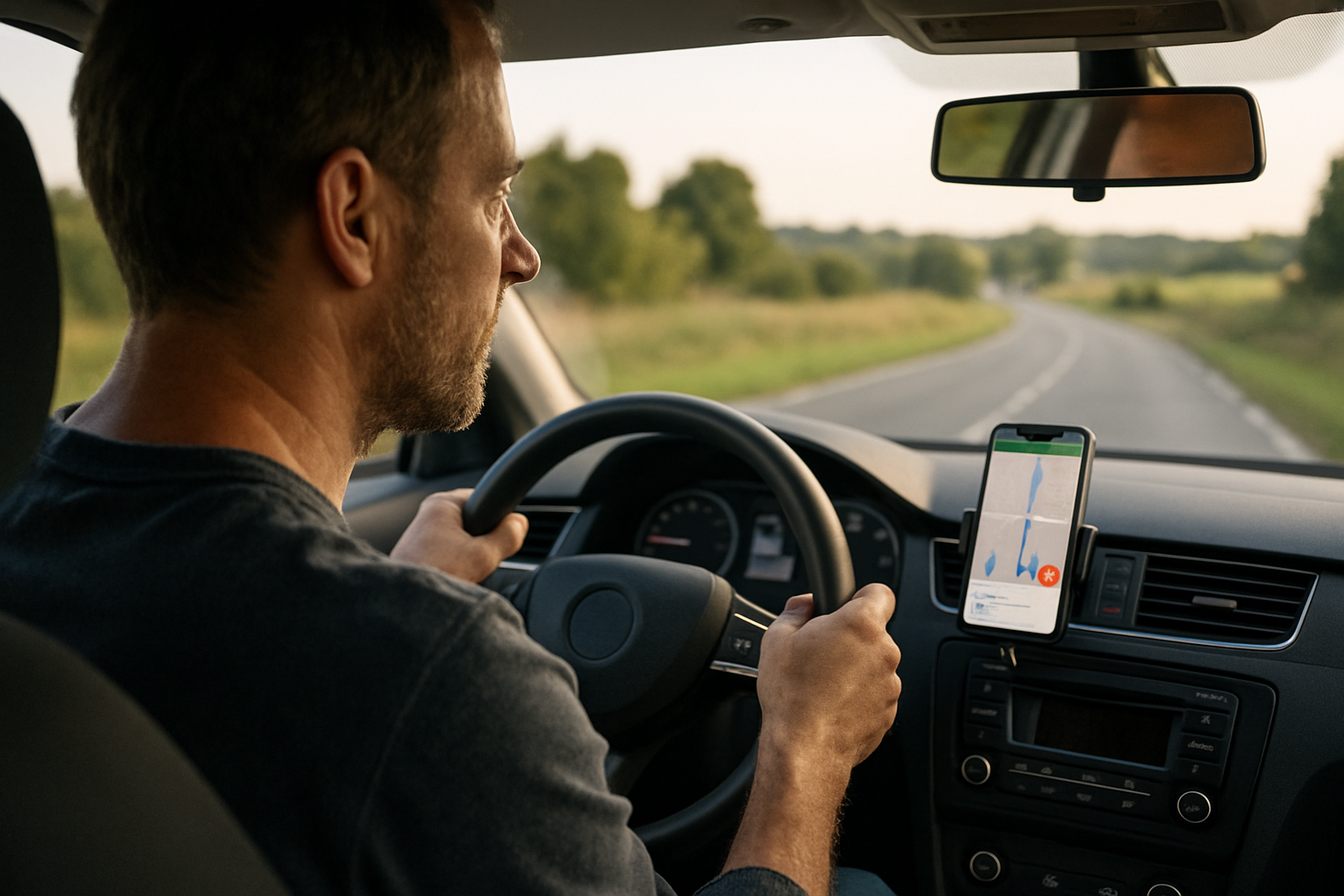 Radarbot affichant une alerte routière sur un smartphone en navigation, route française de jour